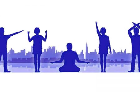 Illustration of 5 people each doing one of the 5 Dafa exercises